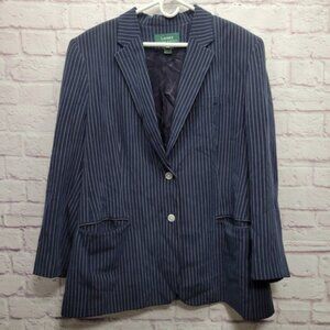 Lauren Ralph Lauren 100% Silk Blazer Women 22W Blue Pinstripe Office Old Money